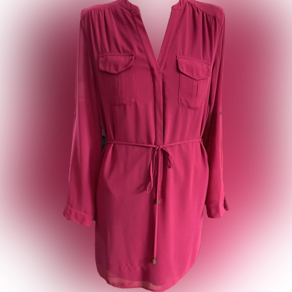 Cute raspberry pink Shirt Dress! Sheer long sleeve.size S